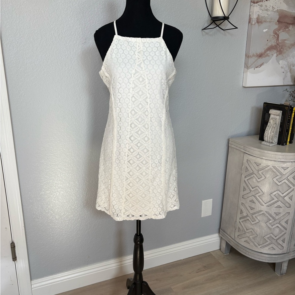 Paper Crane- Floral Lace Ivory/White Sleeveless fitted Dress, sz L juniors, NWT
